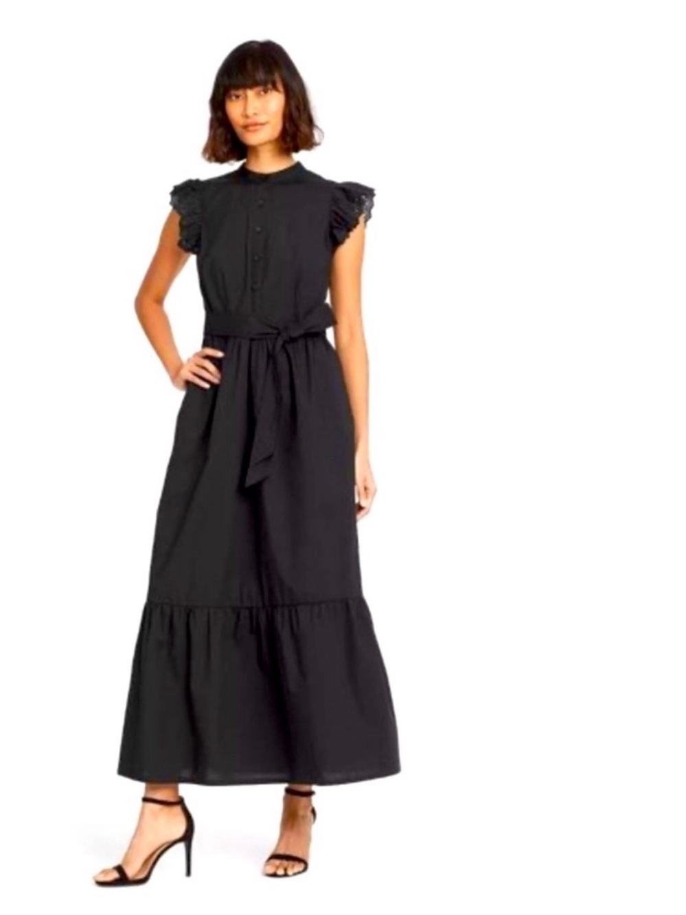 WHO WHAT WEAR • Black Embroidered Ruffle-Sleeve Maxi Dress with Waist Tie